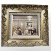 Continental School : Figures standing by a piano, oil on canvas, 25.5 cm x 20.