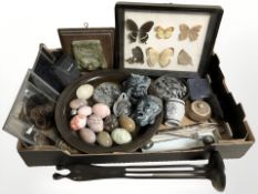 Miscellaneous items including butterfly montage, polished onyx eggs, metal figure,