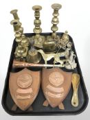 Two pairs of brass candlesticks, oil can, further ornaments,