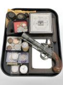 A reproduction blunderbus pistol, a Zenith open face pocket watch, crowns and other coins,