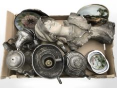An Art Nouveau plaster bust of a lady, Victorian pewter tea wares, collector's plates,