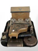 An early 20th century desk stand with glass ink wells, piano trinket box,