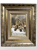 Jan Beekhout (Dutch, born 1937) Figures by a building in winter, oil on panel, 11.5 cm x 16.5 cm.