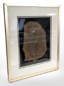 An Islamic leatherwork panel in gilt frame, overall 62 cm x 52 cm.