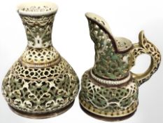 A Zsolnay pierced earthenware vase and similar jug, tallest 12 cm.