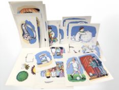 A collection of unframed watercolour paintings including snowmen, cartoon drawings, etc.