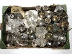 Assorted silver plated wares, goblets, bud vases, glass wares, carriage timepiece, etc.