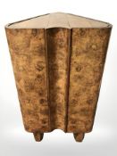 An Art Deco burr walnut two door corner cabinet,