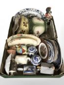 A group of pottery jardinieres, collectors tea pots, Ringtons caddies, blue and white plates, etc.