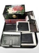 A group of new Toucan leather wallets and passport cases, and an oriental lacquered jewellery box.