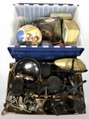 A quantity of enameled metal scales, mincer, various tins.