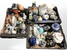 Assorted ceramic vases, caddies, carnival glass dish, figures,