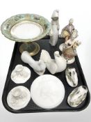 A continental porcelain pedestal tazza, pair of Crown Staffordshire porcelain squat candlesticks,