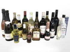 Various bottles of alcohol including Bell's whisky, various wines, Jack Daniels, etc.