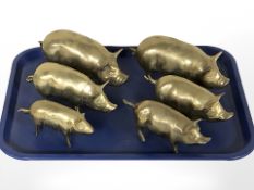 Six brass figures of pigs, largest 19 cm long.
