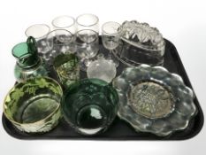 A carnival glass dish, glass jelly mould, drinking glasses, etc.