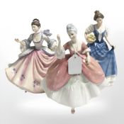 Three Royal Doulton figures, Christine HN3172, Helen HN3601 and Rebecca HN2805.