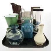 A group of Mdina glass vases, Cornish Country Craft pottery vase, etc.