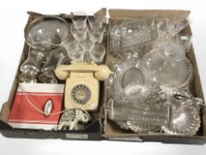 Assorted glasses, pressed glass bowls, silver plated wares,