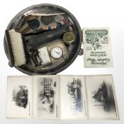 An EPNS salver containing antique spectacles, Smiths pocket watch, keys,