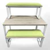 A contemporary painted metal and wood effect rectangular table, 120 cm x 70 cm x 72 cm,