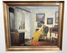 Edith Gert, Danish, (1906-1970) : A lady seated in her chamber, oil on canvas, signed,