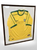 A Nike XL Brazil 1998-2000 football shirt bearing signature 'Pele', in glazed frame.