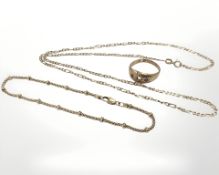 A group of 9ct yellow gold jewellery including ring (missing stones), necklace and bracelet.