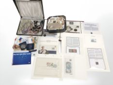 A group of loose stamps, millennium first day covers, crowns, costume bead necklaces, etc.