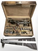 A Lorch Schmidt & Co watchmaker's lathe in wooden storage box with accessories,
