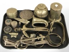 A group of brass wares including three key rings, miniature bugle, lidded boxes, anchor, etc.