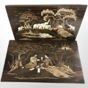 Two Indian bone inlaid hardwood panels, largest 51 cm x 30 cm.