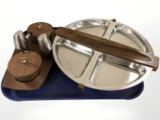 Teak and stainless steel lazy susan and similar cruet set.