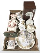 A Mason's lamp base, assorted royal commemorative mugs, empty Lladro decanter.