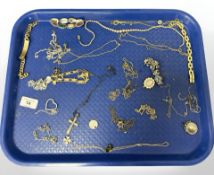 A group of costume jewellery, gold plated jewellery, chains,