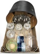 A group of glass storage jars, contemporary light shade, candle holder, etc.