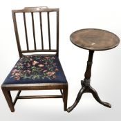 A mahogany tapestry upholstered chair and a tripod wine table.
