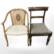 A mahogany dining chair and a further cane backed chair