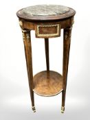 A 20th century walnut, gilt metal mounted and marble inset plant stand,
