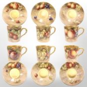 A harlequin set of six Royal Worcester hand painted demitasse coffee cans with saucers,