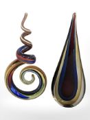 Two contemporary pieces of art glass, tallest 29 cm.