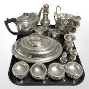 An EPNS lidded entree dish, tea service, sauce boats, sifters, set of four salts, etc.