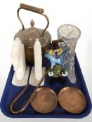 A Murano glass clown, pair of onyx horse head bookends, copper kettle, a glass cornucopia vessel,