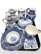 A group of blue and white transfer printed ceramics including Maling tankard, Burslem Ware,