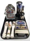 Three ceramic bar optic handles decorated with hunting scenes,