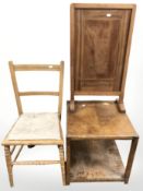 A square occasional table, a chair and an inlaid mahogany fire screen.