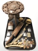 An Anglo Indian miniature tripod table, a group of lighters, a Syrian brass mounted knife,