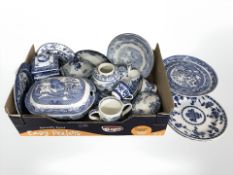 Willow pattern blue and white transfer printed dinner wares, caddies, tureen, etc.