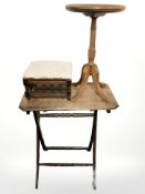 A folding occasional table, circular wine table and a small stool.