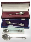 Three sterling silver teaspoons and another stamped 800. CONDITION REPORT: 63.